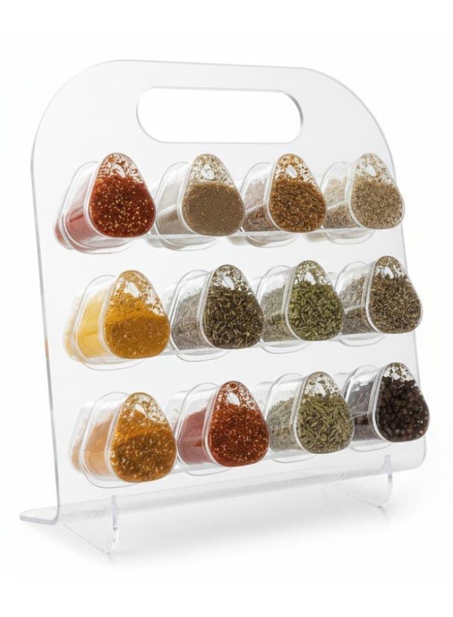 Spaceshoop Modern 12 Jar Clear Acrylic Spice Rack Organizer Portable Standing Countertop Holder with Triangular Glass Jars and Integrated Carry Handle - Image 1